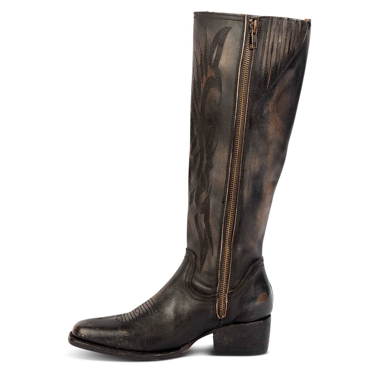 Inside view showing a low block heel, inside working brass zipper, and gore detailing on FREEBIRD women's Montana black leather boot
