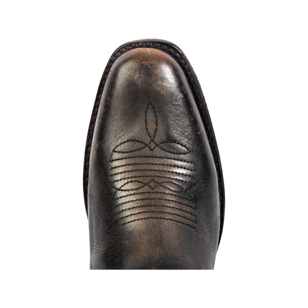 Top view showing a square toe and stitch detailing on FREEBIRD women's Montana black leather boot