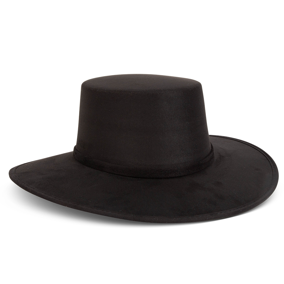 Moonshine black side view showing flat wide-brim on FREEBIRD simplistic hat with boater-shaped crown and tonal band