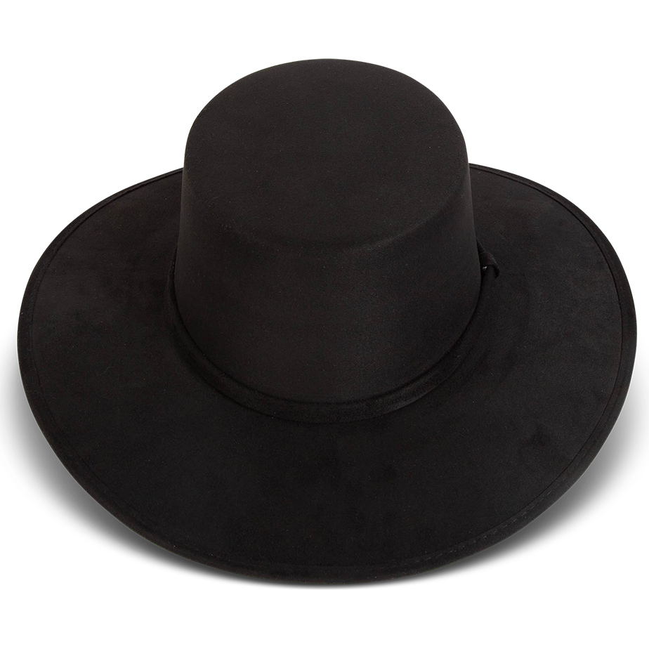 Moonshine black top view showing boater-shaped brim on FREEBIRD simplistic hat with flat wide-brim and tonal band