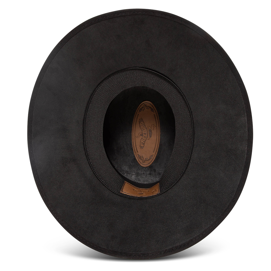 Moonshine black inside view showing sweatband on FREEBIRD flat wide brim hat featuring a boater-shaped crown