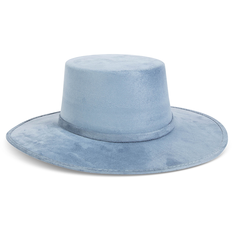 Moonshine blue side view showing flat wide-brim on FREEBIRD simplistic hat with boater-shaped crown and tonal band