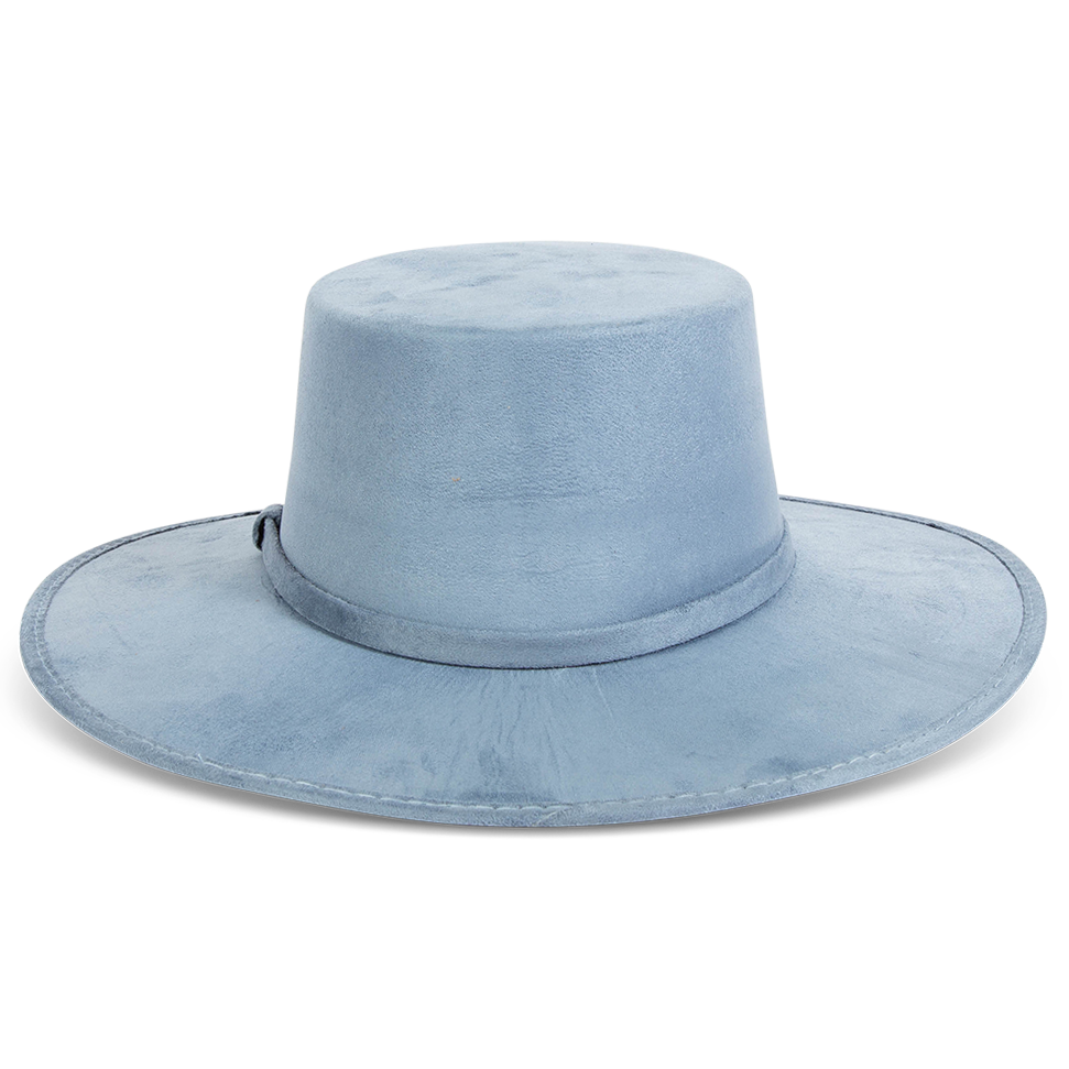 Moonshine blue back view showing flat wide-brim on FREEBIRD simplistic hat with boater-shaped crown and tonal band