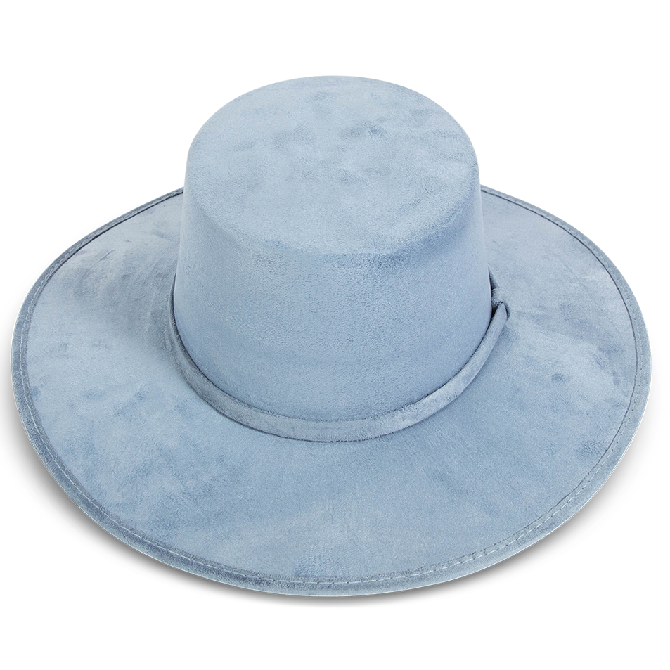 Moonshine blue top view showing boater-shaped brim on FREEBIRD simplistic hat with flat wide-brim and tonal band