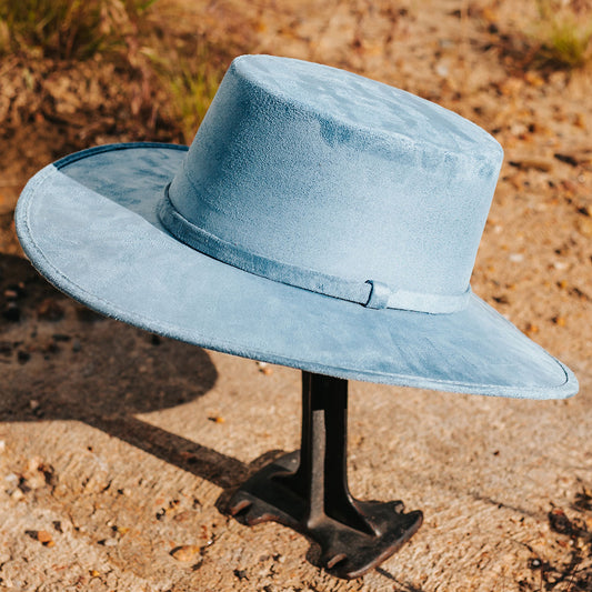 FREEBIRD Moonshine blue flat wide-brim hat featuring boater-shaped crown and tonal band