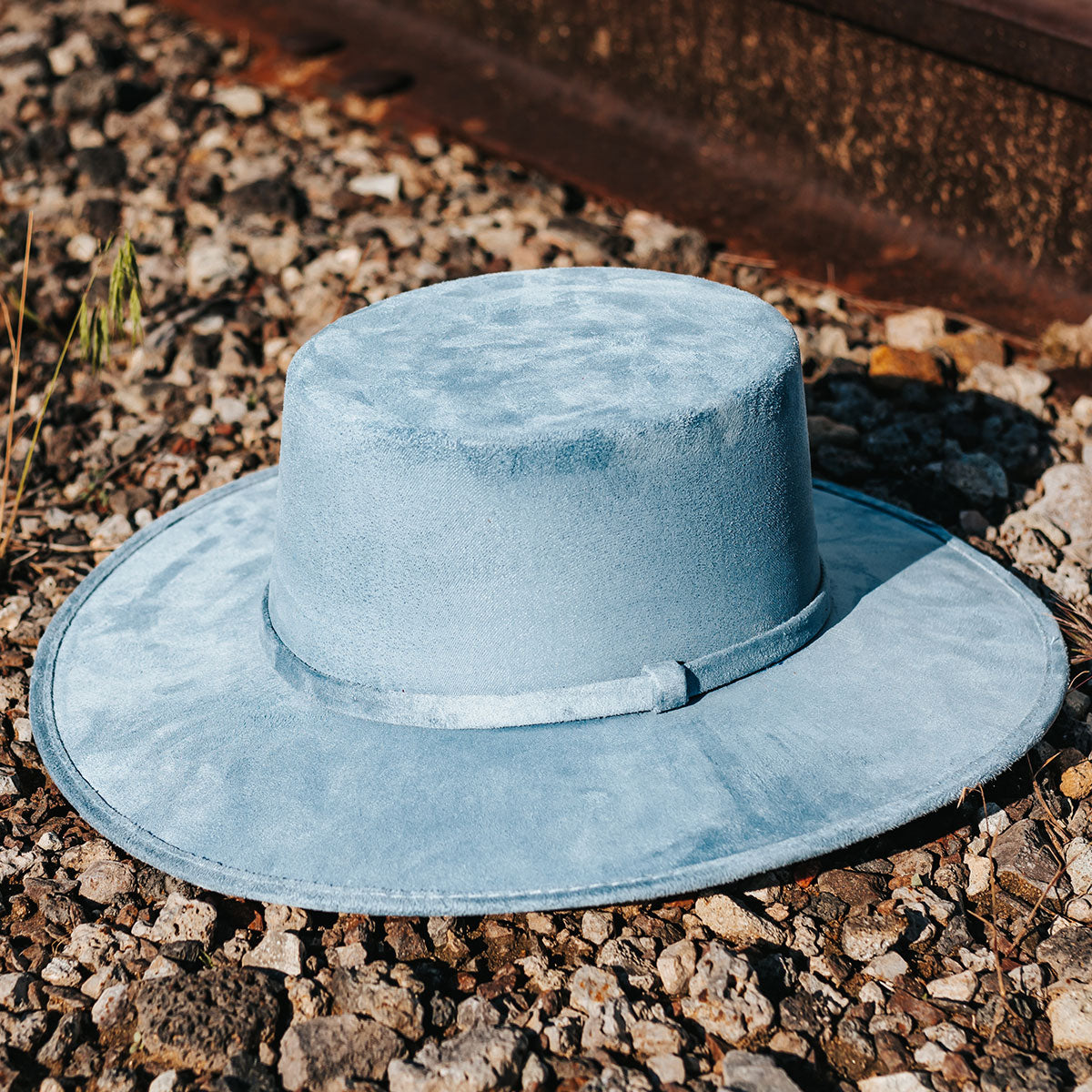 FREEBIRD Moonshine blue flat wide-brim hat featuring boater-shaped crown and tonal band