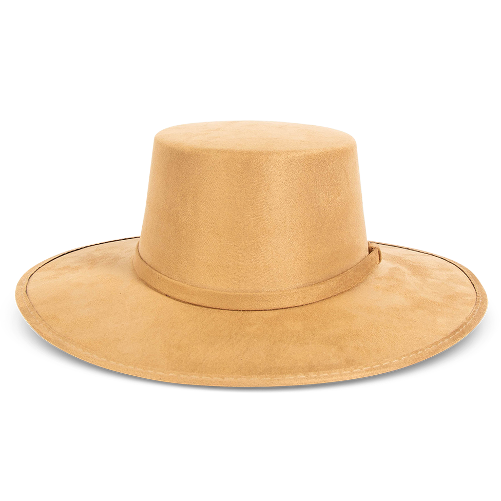 FREEBIRD Moonshine camel flat wide-brim hat featuring boater-shaped crown and tonal band