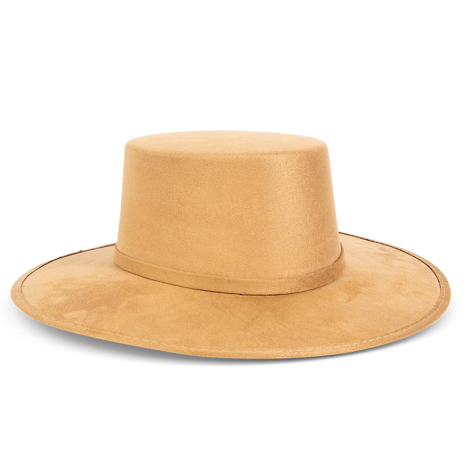 Moonshine camel side view showing flat wide-brim on FREEBIRD simplistic hat with boater-shaped crown and tonal band