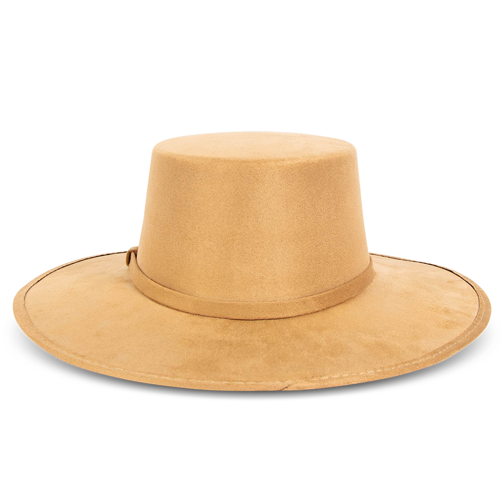 Moonshine camel back view showing flat wide-brim on FREEBIRD simplistic hat with boater-shaped crown and tonal band
