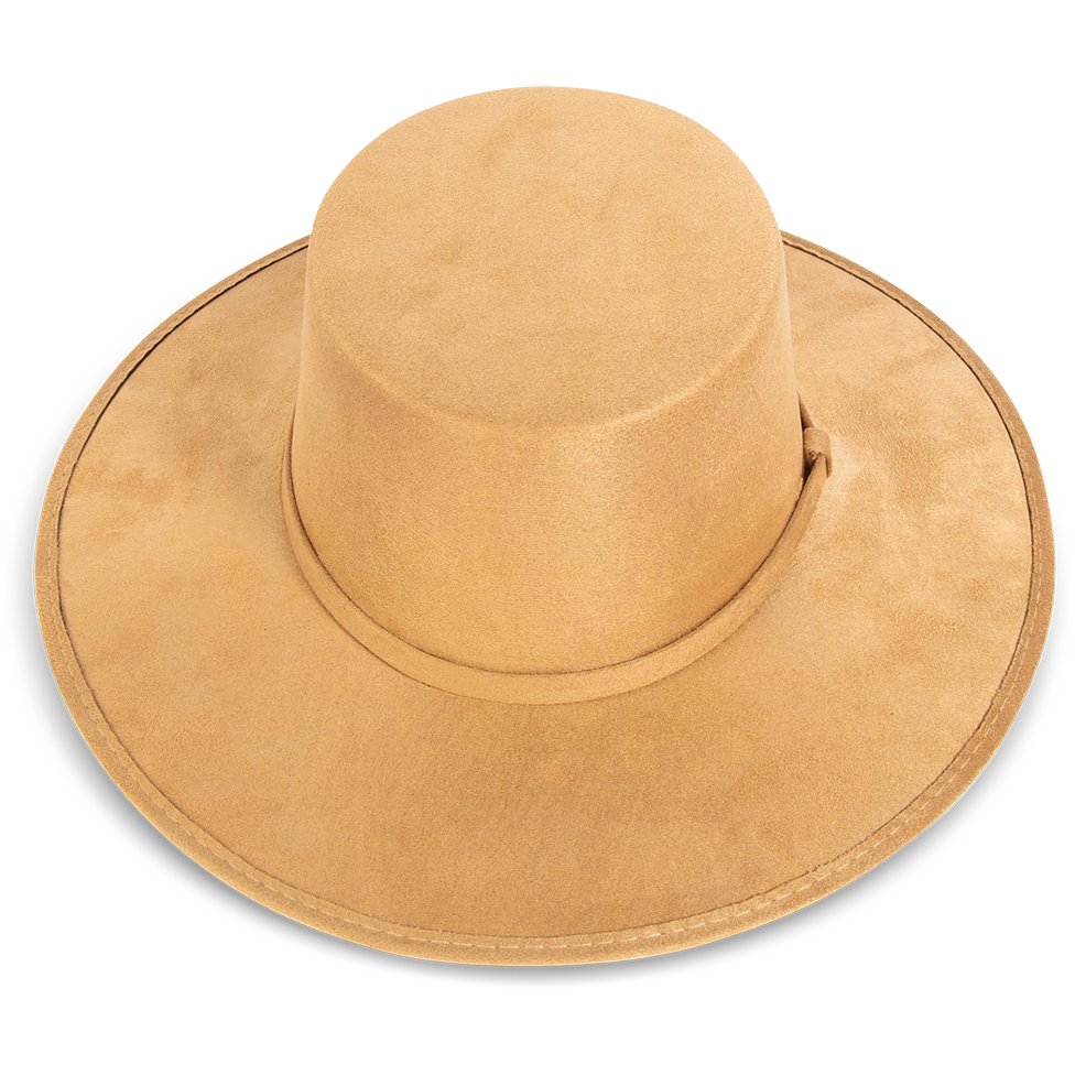 Moonshine camel top view showing boater-shaped brim on FREEBIRD simplistic hat with flat wide-brim and tonal band