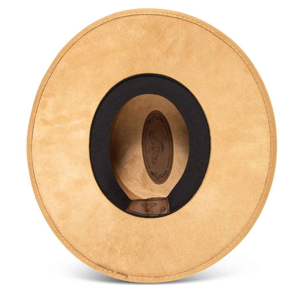 Moonshine camel inside view showing sweatband on FREEBIRD flat wide brim hat featuring a boater-shaped crown