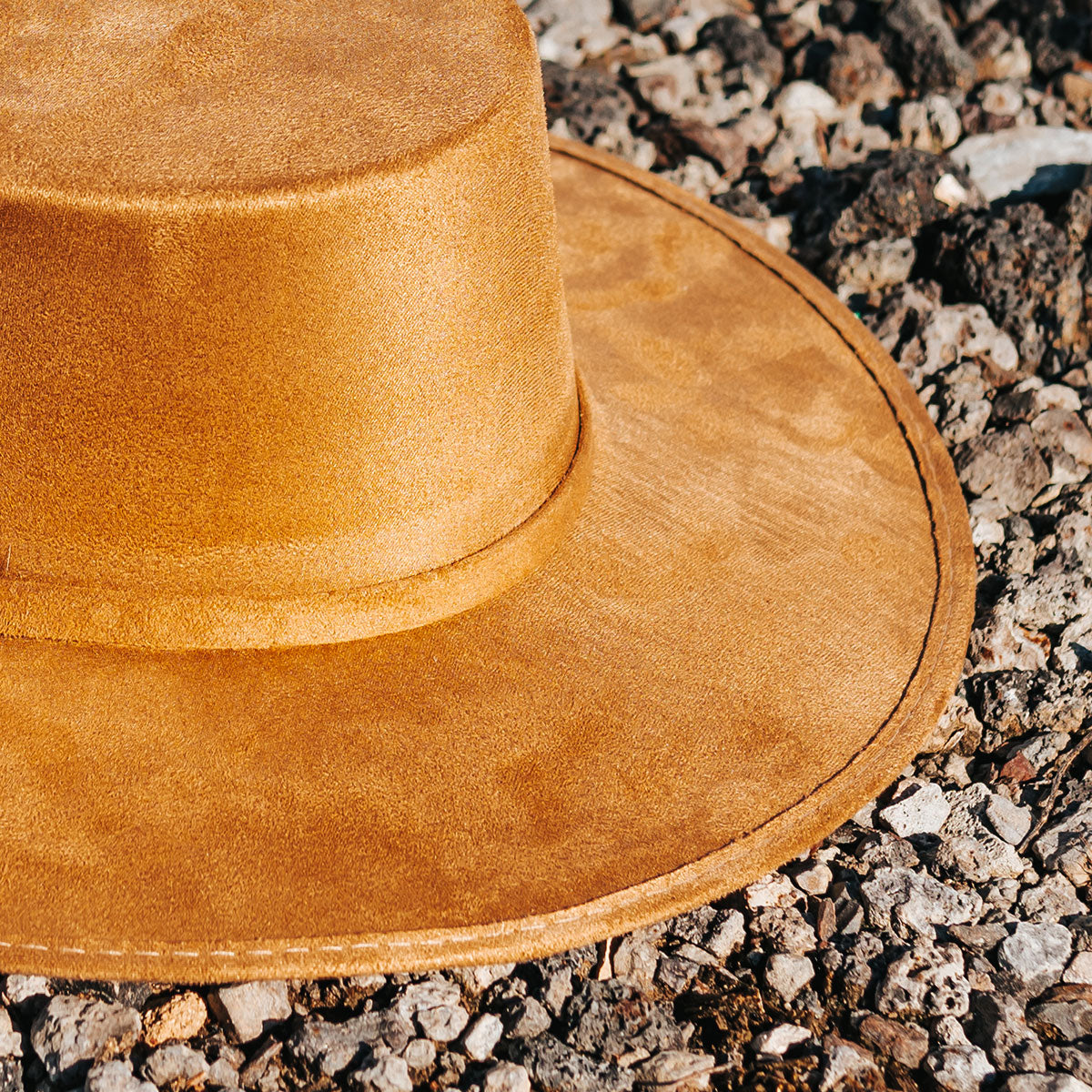 FREEBIRD Moonshine camel flat wide-brim hat featuring boater-shaped crown and tonal band