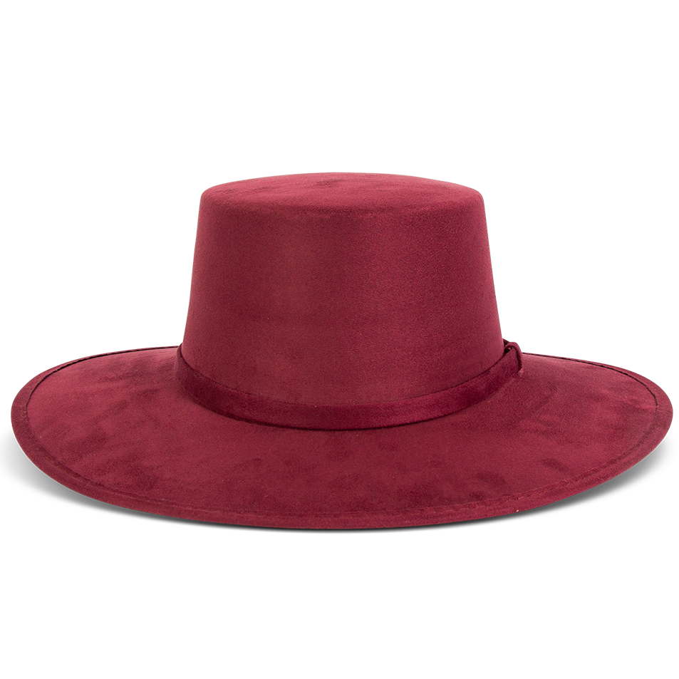 FREEBIRD Moonshine wine flat wide-brim hat featuring boater-shaped crown and tonal band
