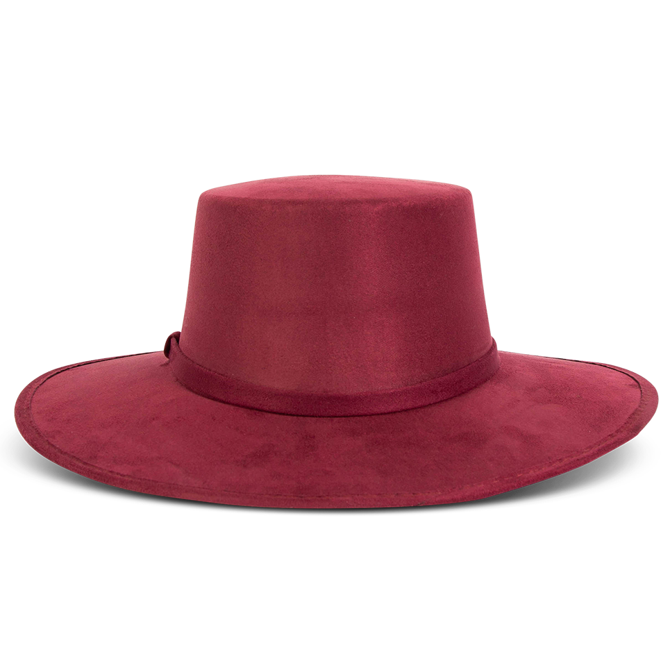 Moonshine wine back view showing flat wide-brim on FREEBIRD simplistic hat with boater-shaped crown and tonal band