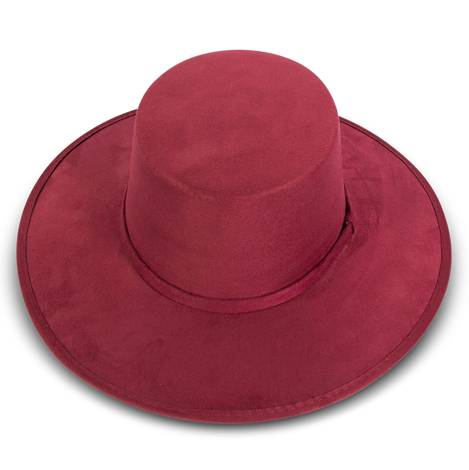 Moonshine wine top view showing boater-shaped brim on FREEBIRD simplistic hat with flat wide-brim and tonal band
