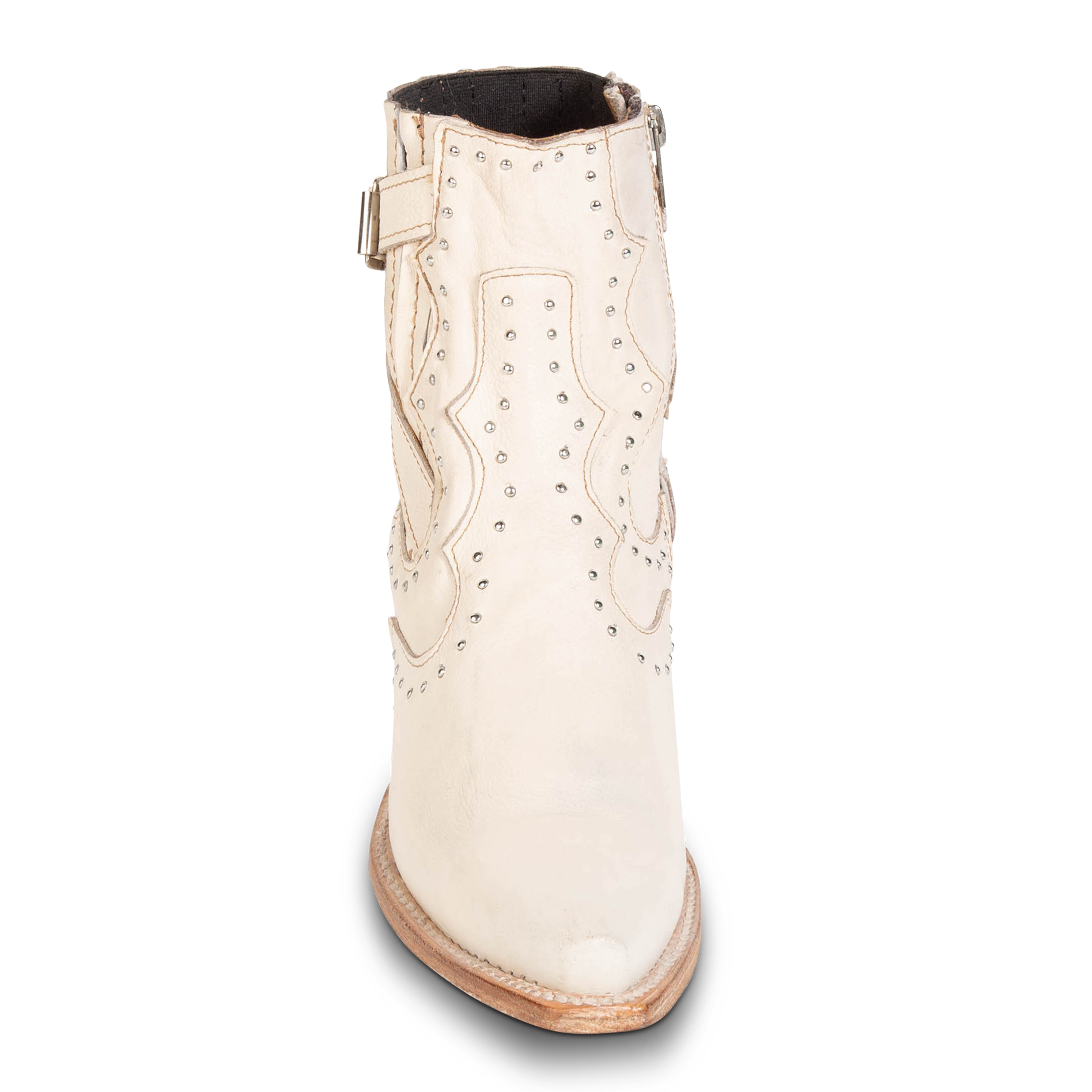 Front view showing pointed snip toe on FREEBIRD women's Morgan beige leather ankle bootie