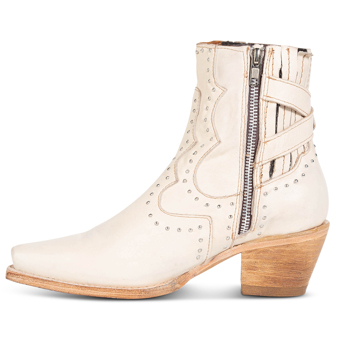 Inside view showing silver studs and inside zipper on FREEBIRD women's Morgan beige leather ankle bootie