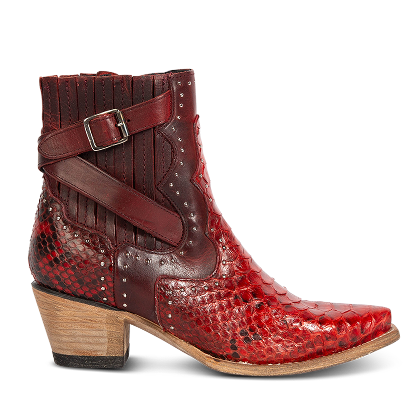 FREEBIRD women's Morgan red python leather ankle bootie with silver stud embellishments, gore detailing, and buckle straps