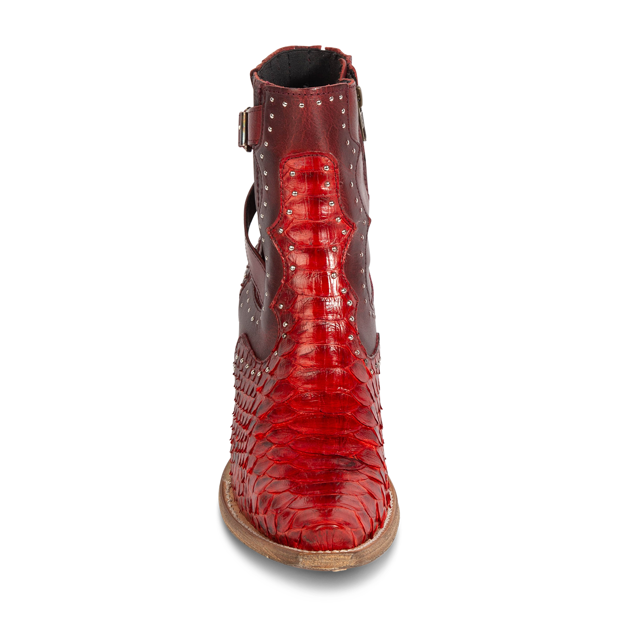Front view showing pointed snip toe on FREEBIRD women's Morgan red python leather ankle bootie
