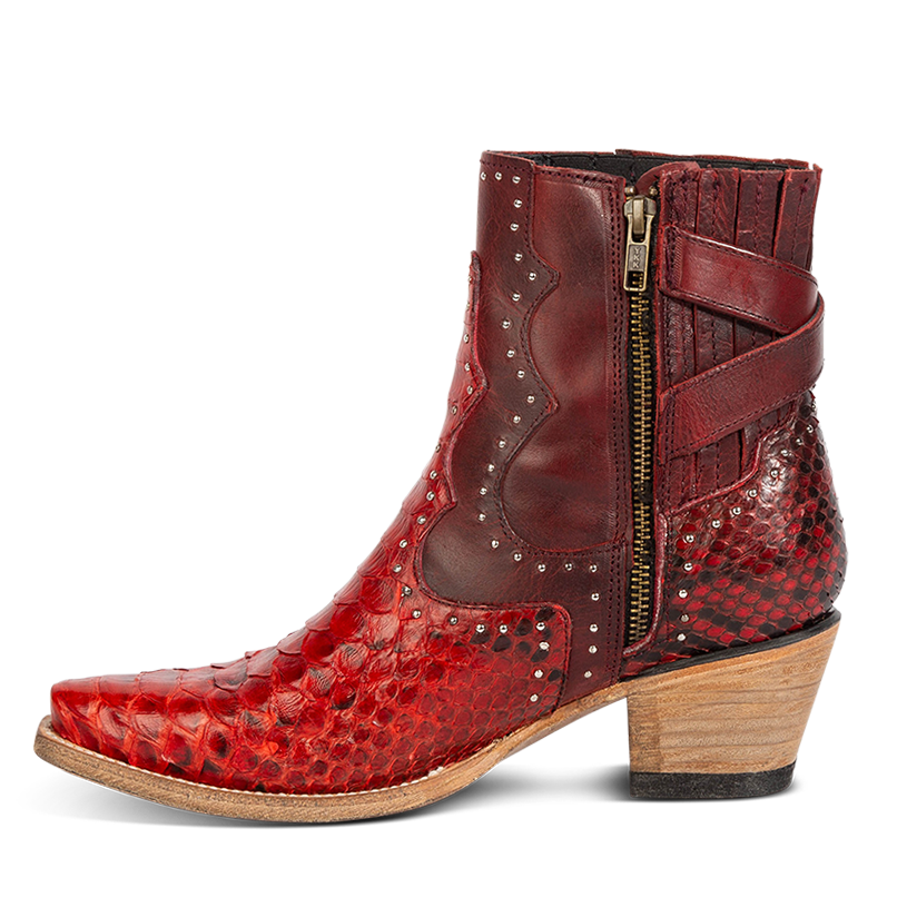 Inside view showing silver studs and inside zipper on FREEBIRD women's Morgan red python leather ankle bootie