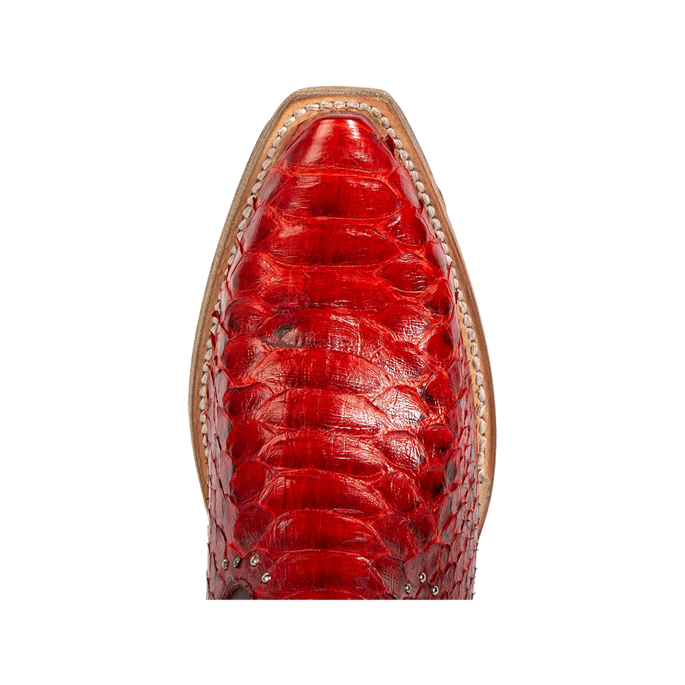 Top view showing pointed snip toe on FREEBIRD women's Morgan red python leather ankle bootie