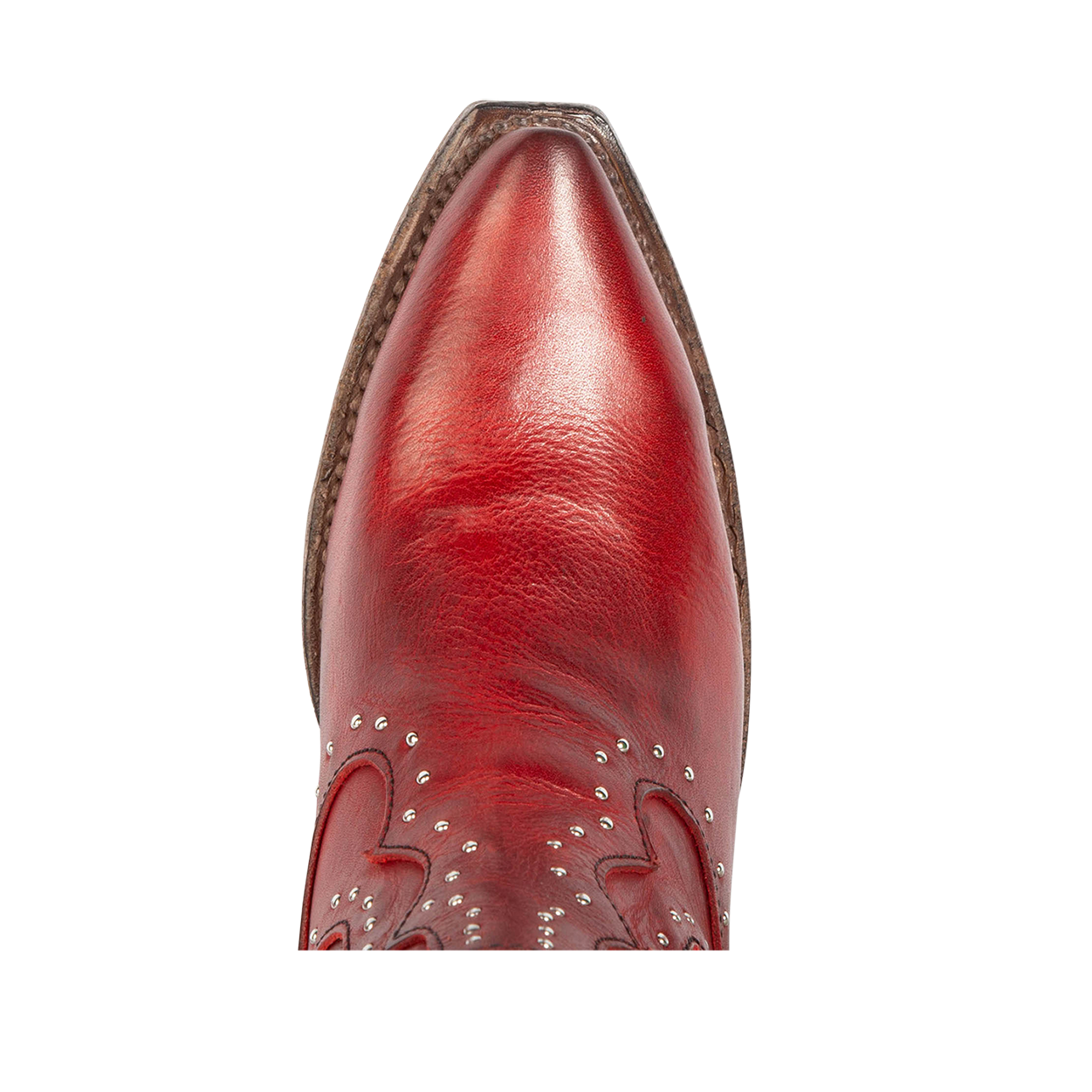 Top view showing pointed snip toe on FREEBIRD women's Morgan red leather ankle bootie