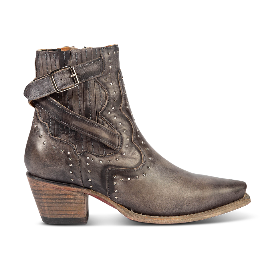FREEBIRD women's Morgan stone leather ankle bootie with silver stud embellishments, gore detailing, and buckle straps