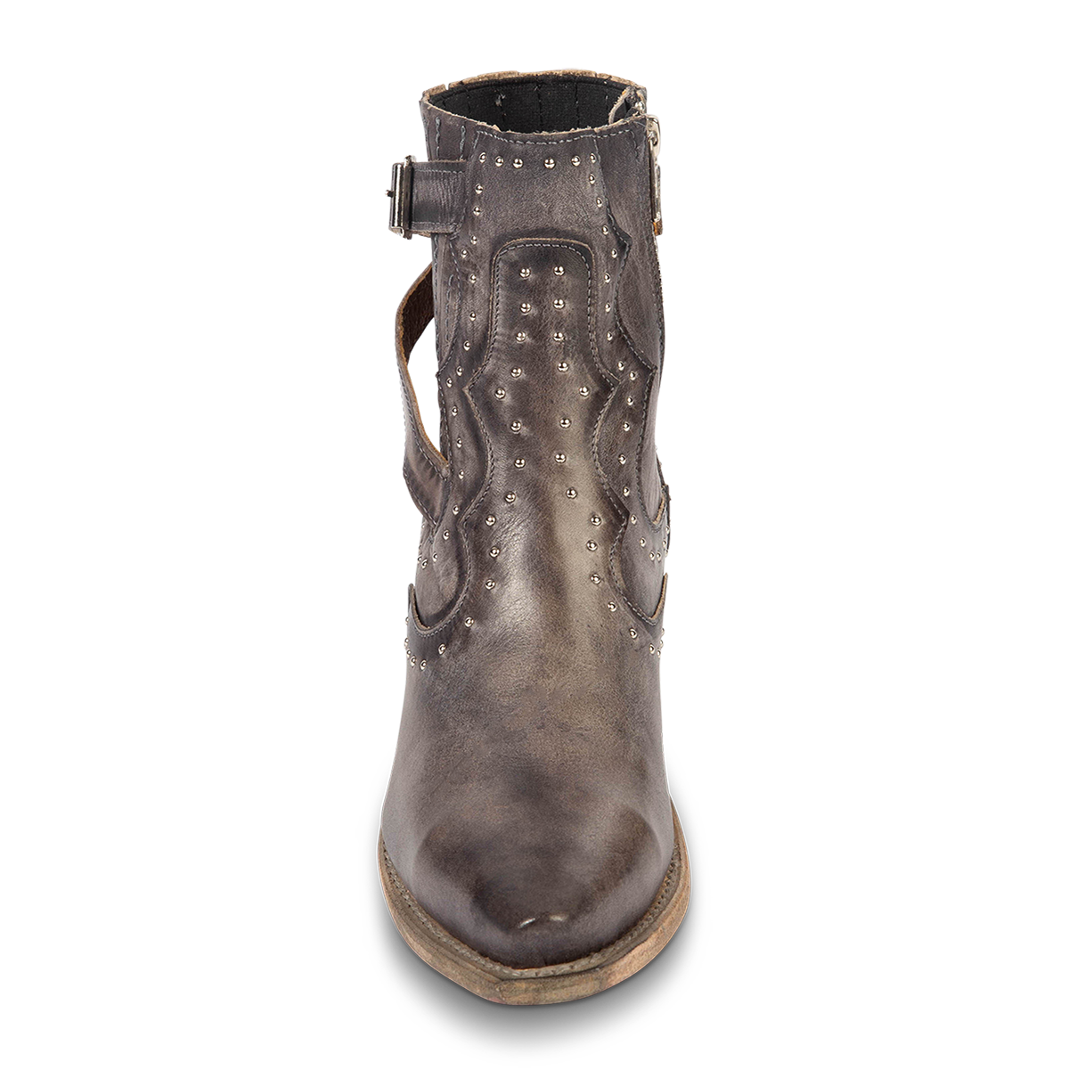 Front view showing pointed snip toe on FREEBIRD women's Morgan stone leather ankle bootie