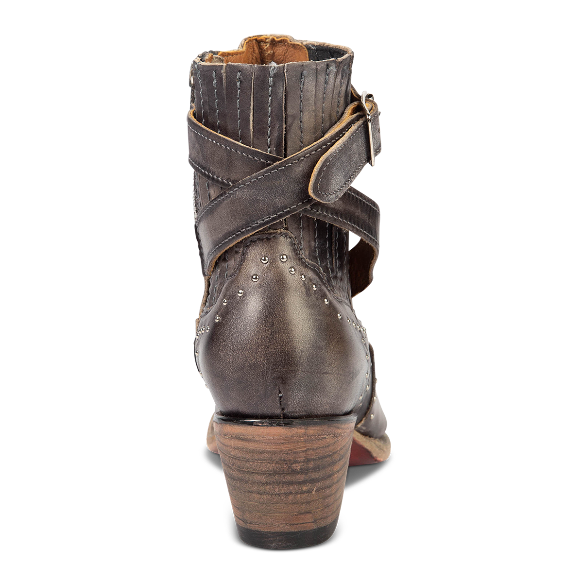 Back view showing wooden heel, gore detailing, and buckle straps on FREEBIRD women's Morgan stone leather ankle bootie