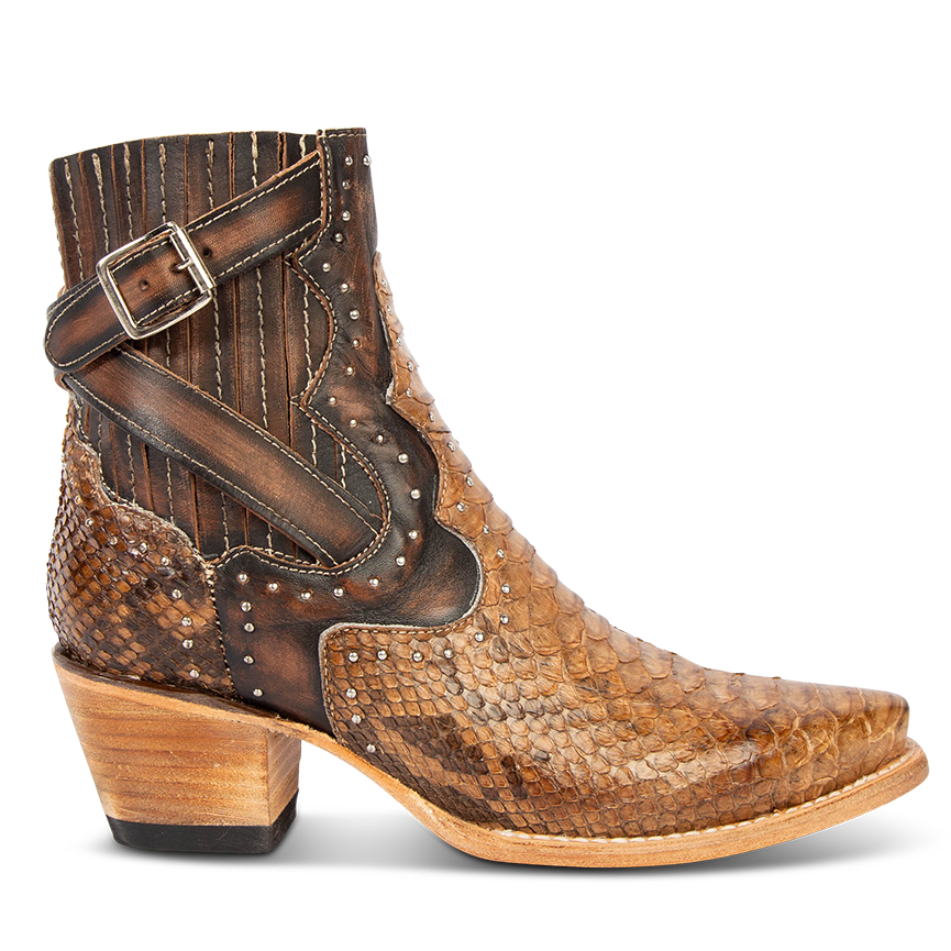 FREEBIRD women's Morgan tan python leather ankle bootie with silver stud embellishments, gore detailing, and buckle straps