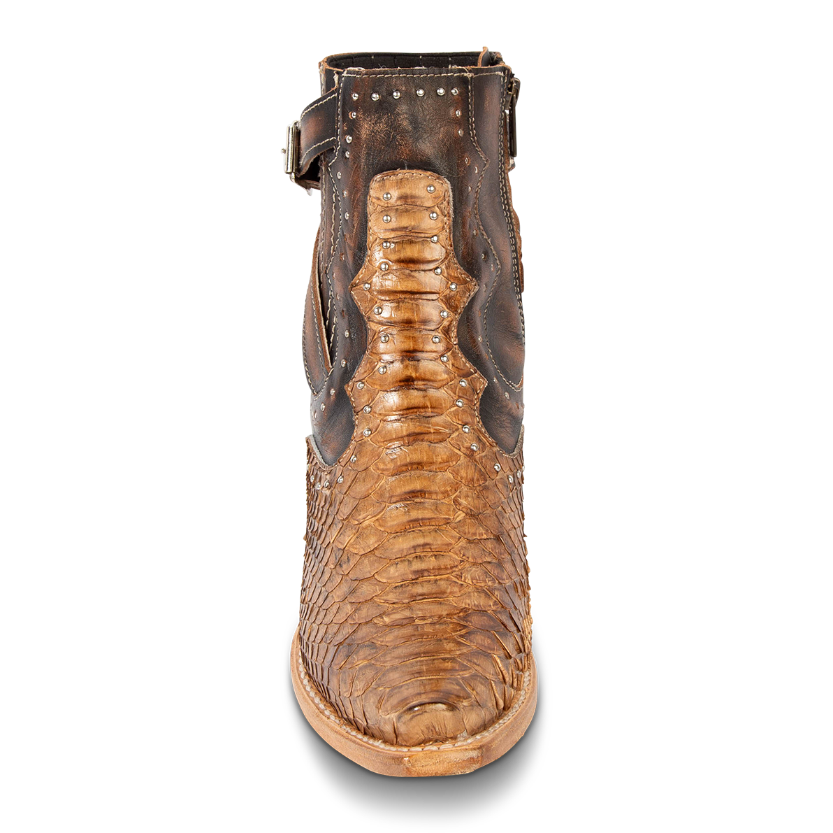 Front view showing pointed snip toe on FREEBIRD women's Morgan tan python leather ankle bootie