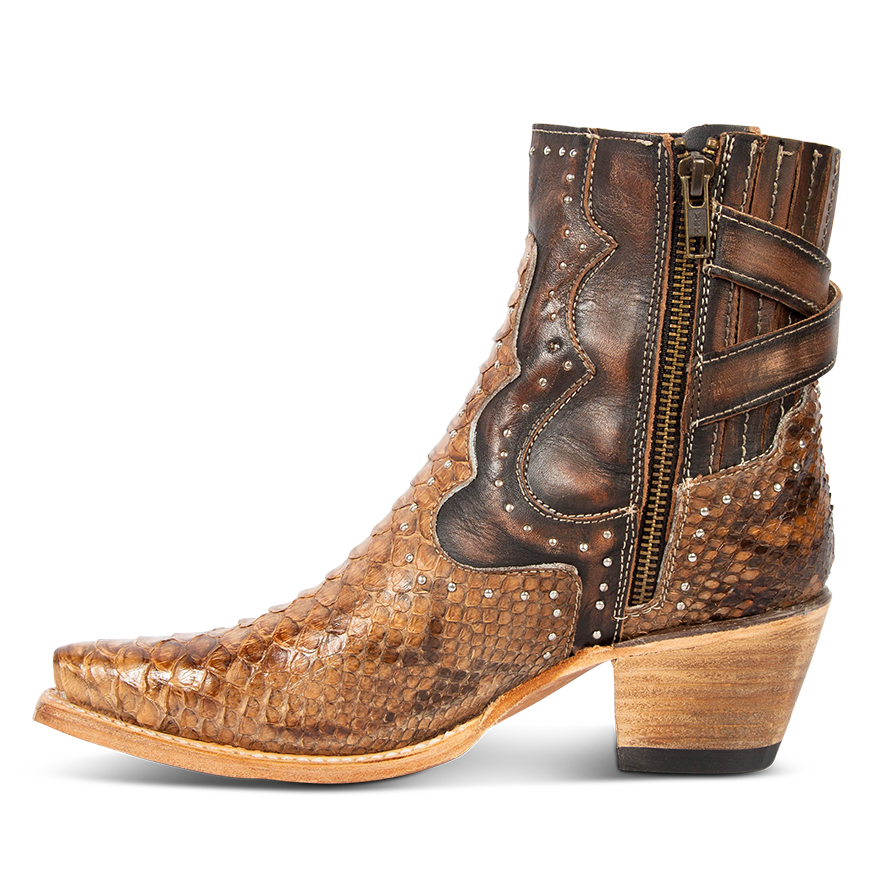Inside view showing silver studs and inside zipper on FREEBIRD women's Morgan tan python leather ankle bootie