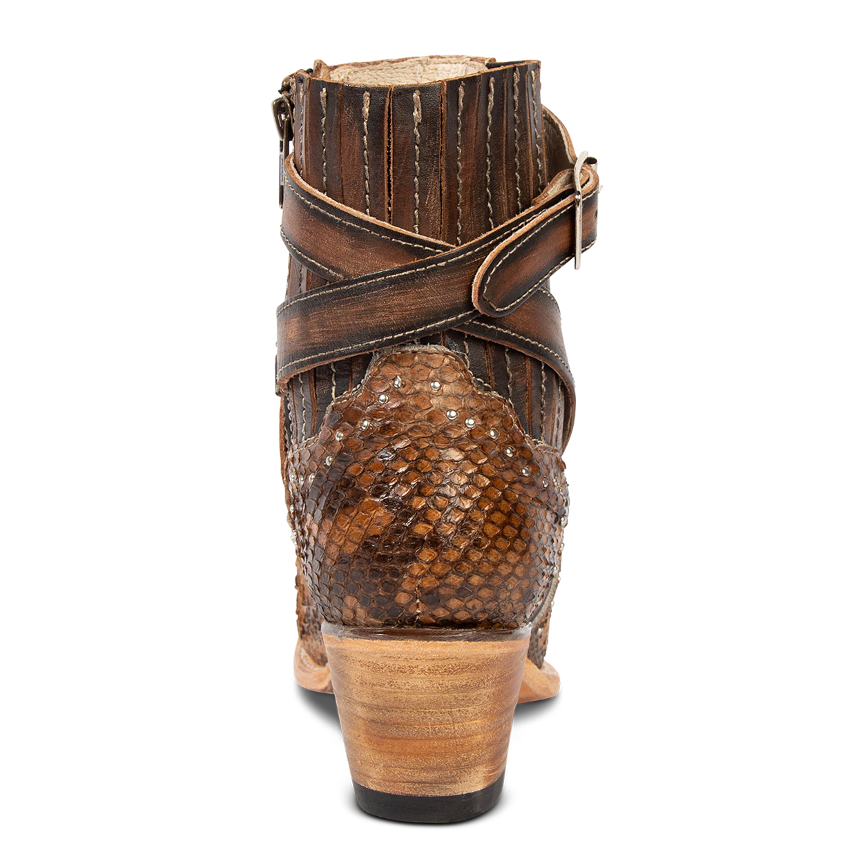 Back view showing wooden heel, gore detailing, and buckle straps on FREEBIRD women's Morgan tan python leather ankle bootie