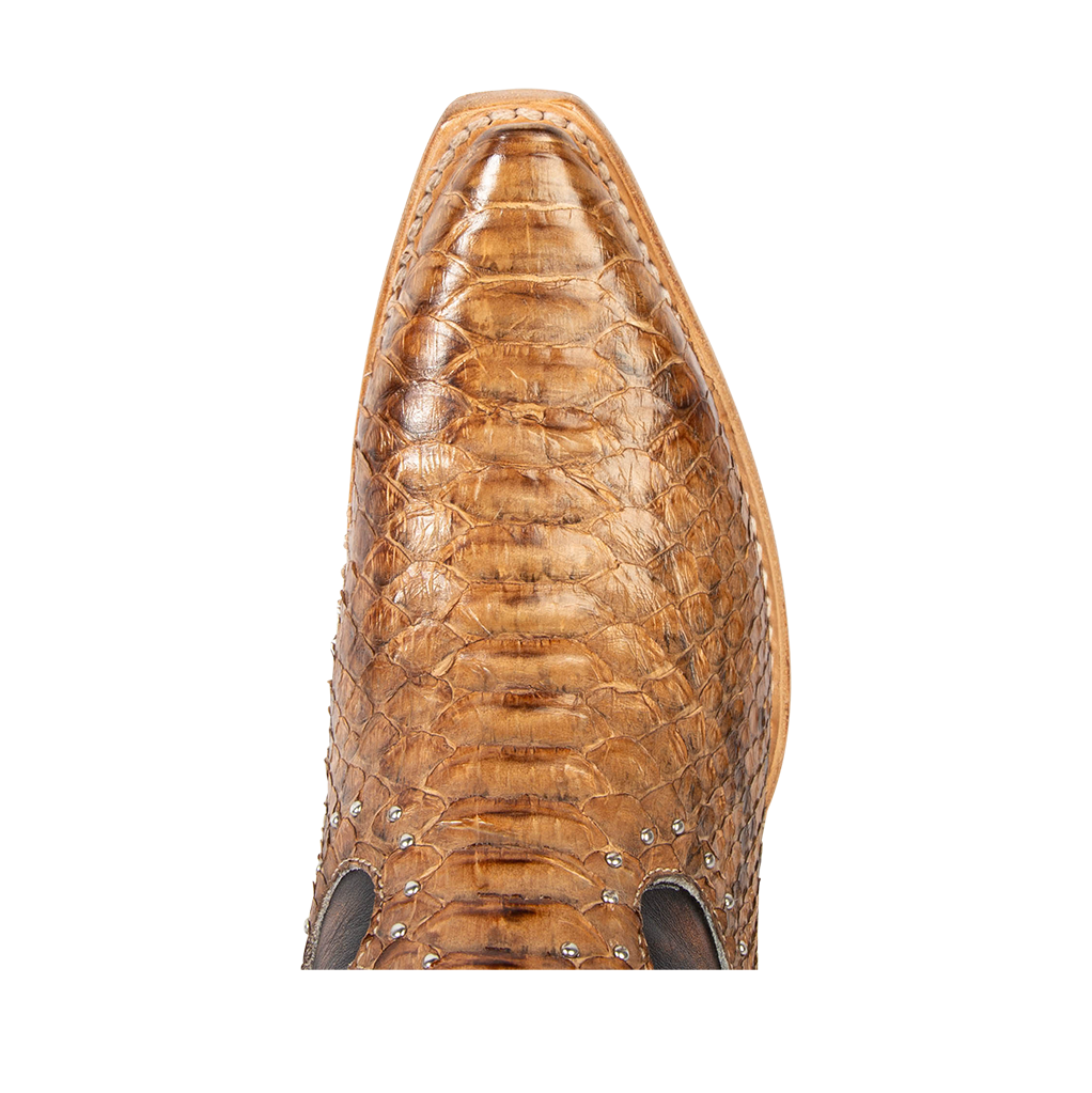 Top view showing pointed snip toe on FREEBIRD women's Morgan tan python leather ankle bootie