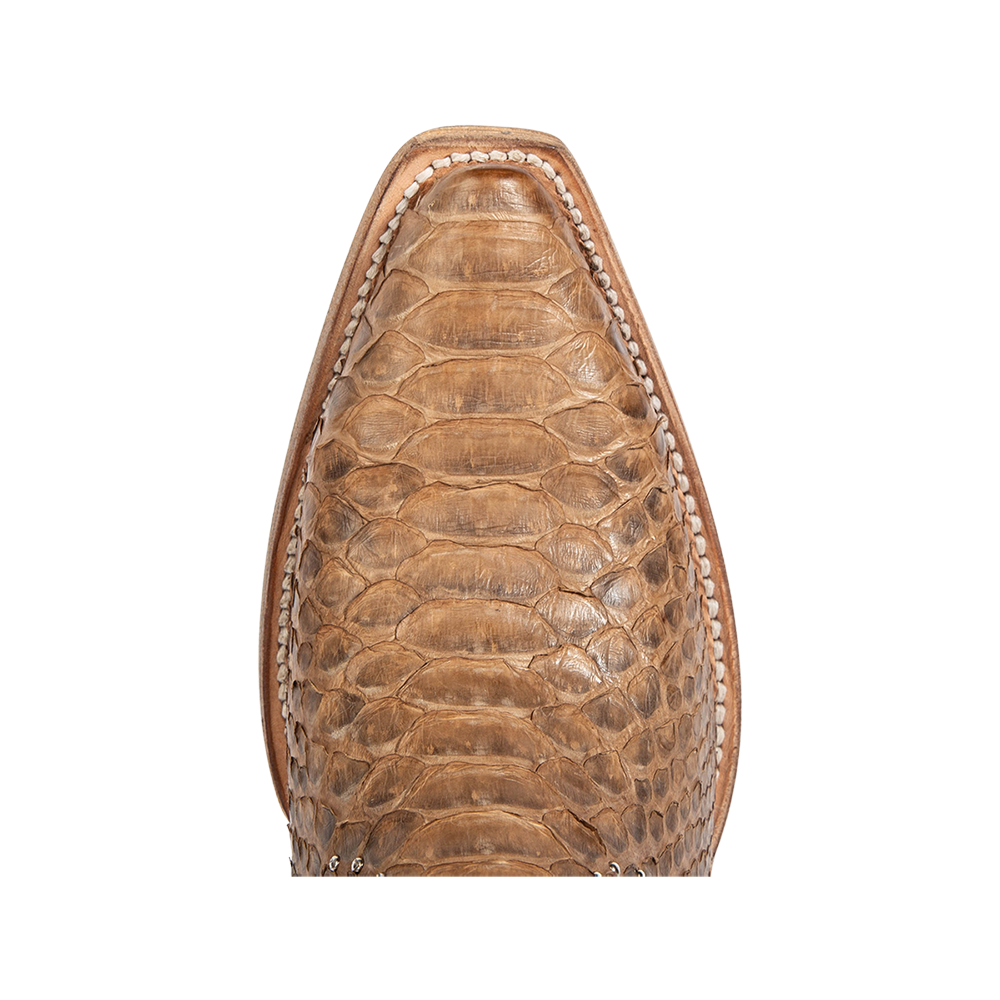 Top view showing pointed snip toe on FREEBIRD women's Morgan tan python leather ankle bootie