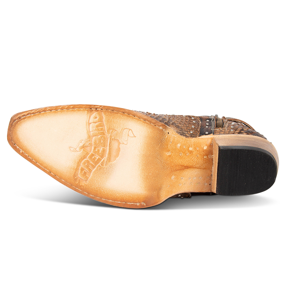 Leather sole imprinted with FREEBIRD on women's Morgan tan python leather ankle bootie