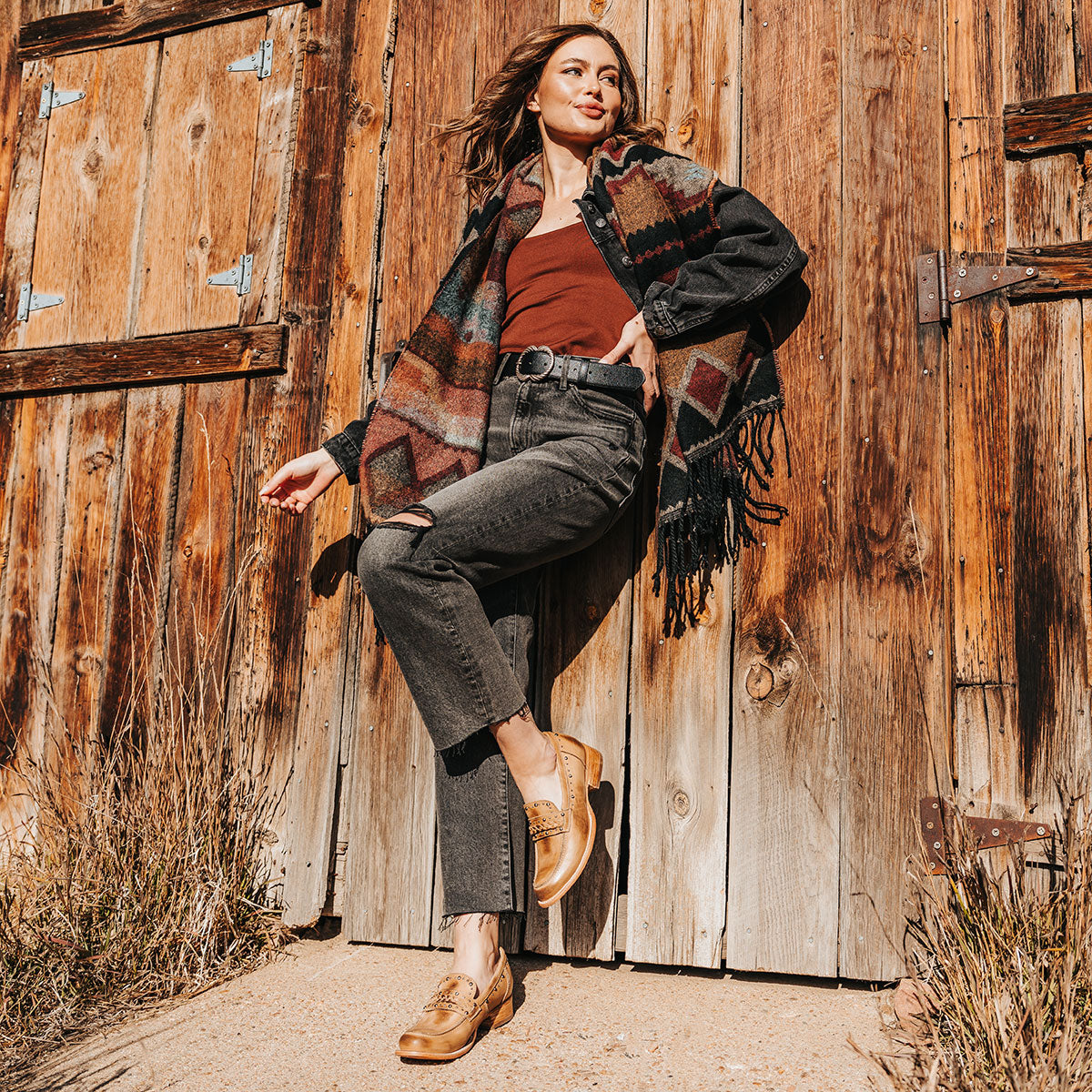 FREEBIRD women's Myla beige leather loafer with stud embellishments, flexible tongue and low block heel lifestyle image