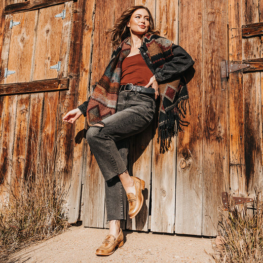 FREEBIRD women's Myla beige leather loafer with stud embellishments, flexible tongue and low block heel lifestyle image