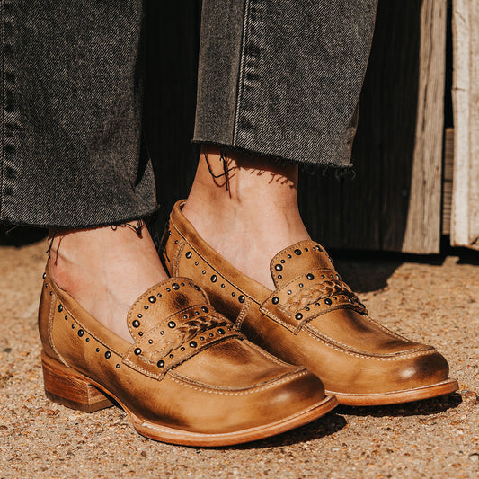 FREEBIRD women's Myla beige leather loafer with stud embellishments, flexible tongue and low block heel 