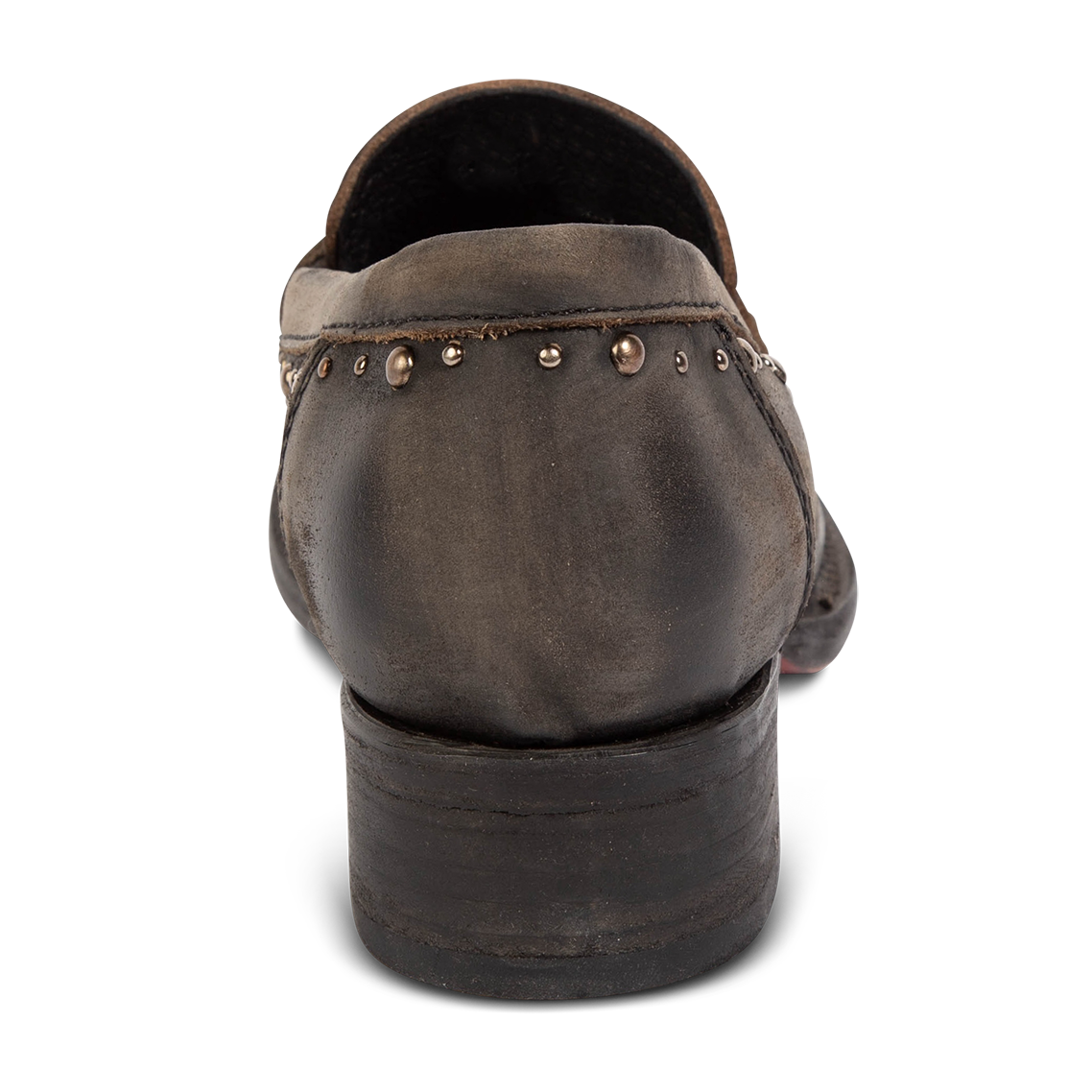 Back view showing FREEBIRD women's Myla black distressed leather loafer with a low wood heel, stud embellishments and 100% full grain leather