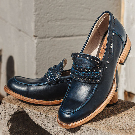FREEBIRD women's Myla blue leather loafer with stud embellishments, flexible tongue and low block heel 
