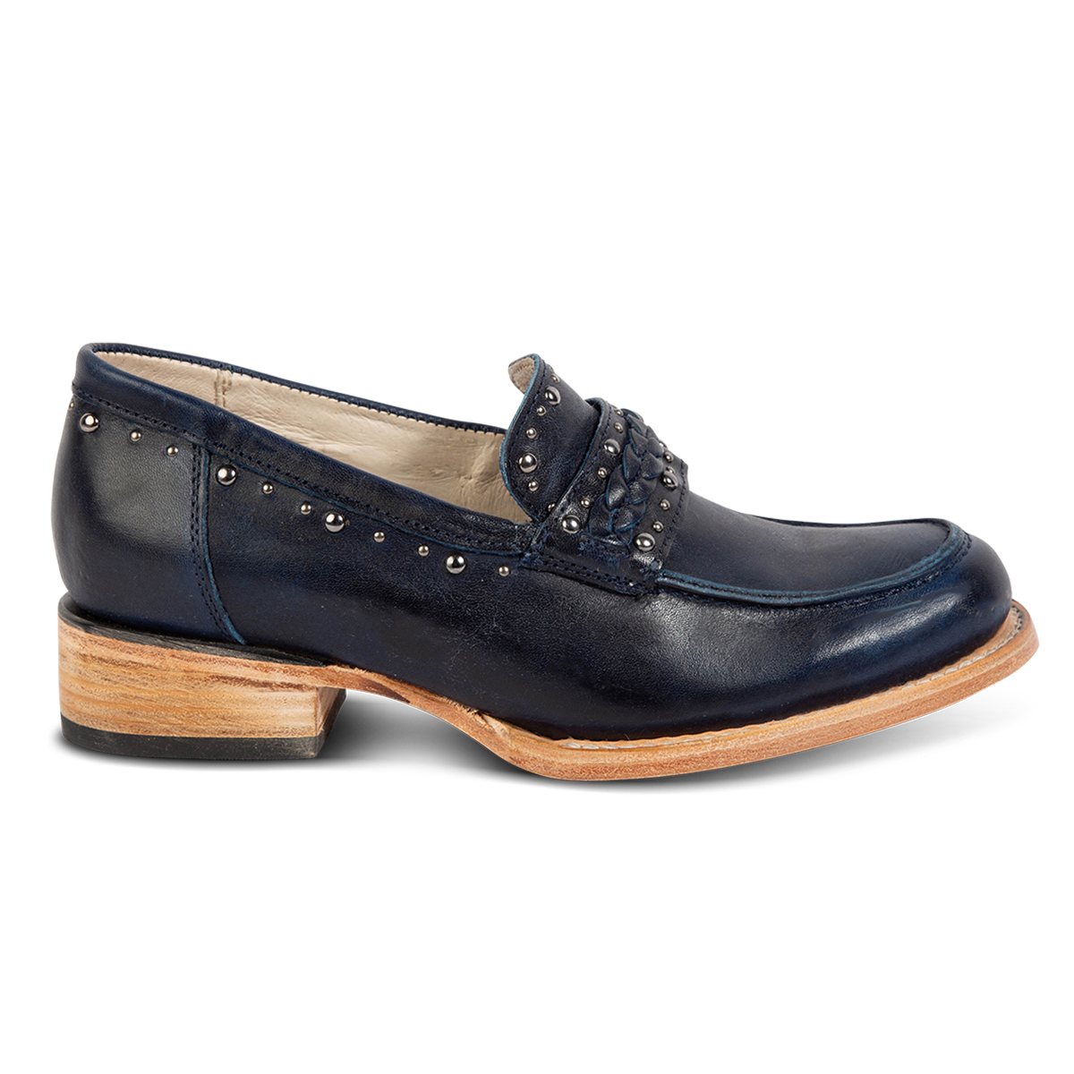 FREEBIRD women's Myla blue leather loafer with stud embellishments, flexible tongue and low block heel 