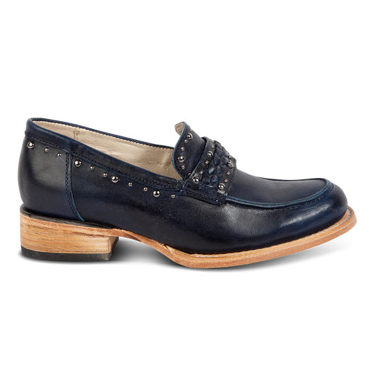 FREEBIRD women's Myla blue leather loafer with stud embellishments, flexible tongue and low block heel 