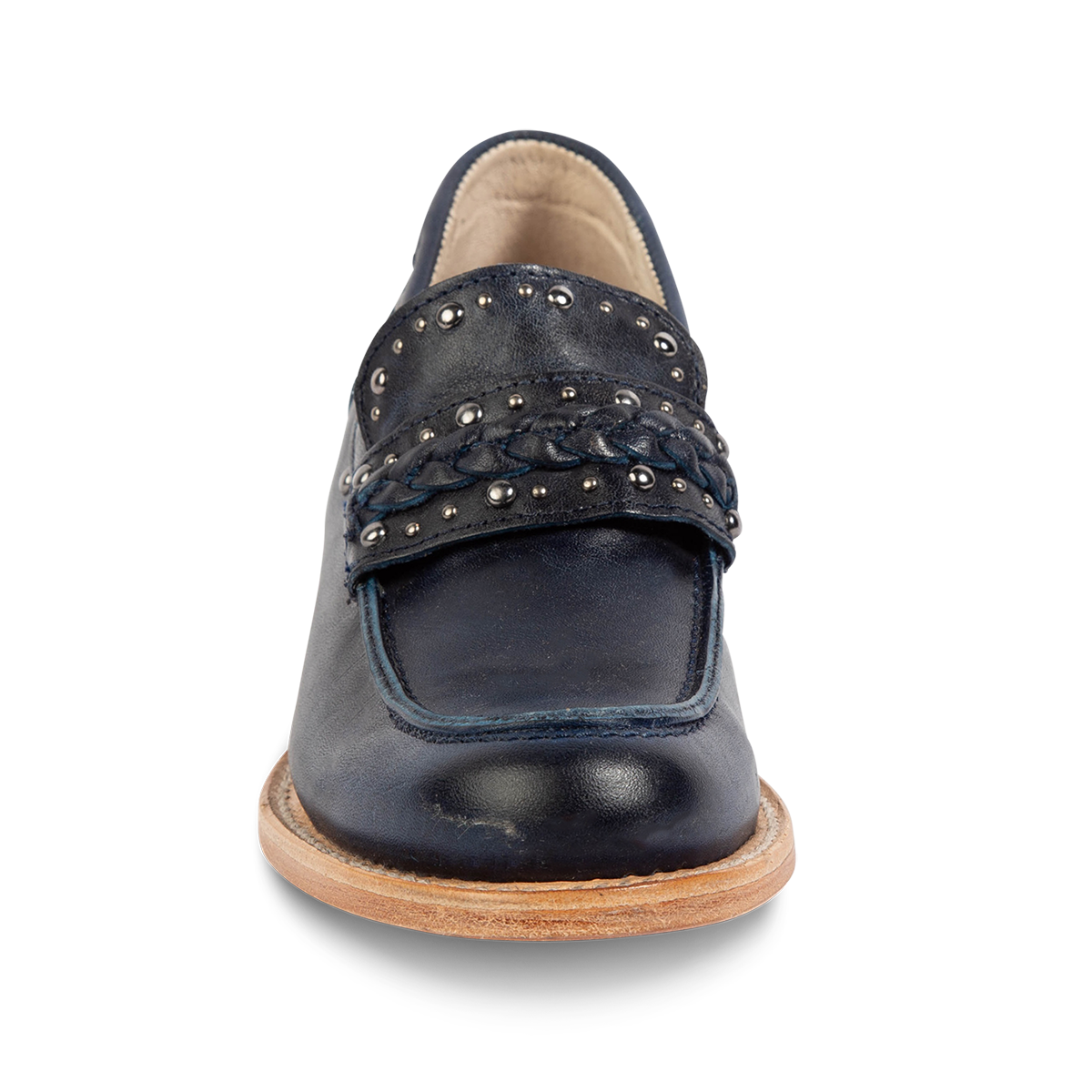 Front view showing FREEBIRD women's Myla blue leather loafer with stud embellishments, braided leather detailing and round toe construction