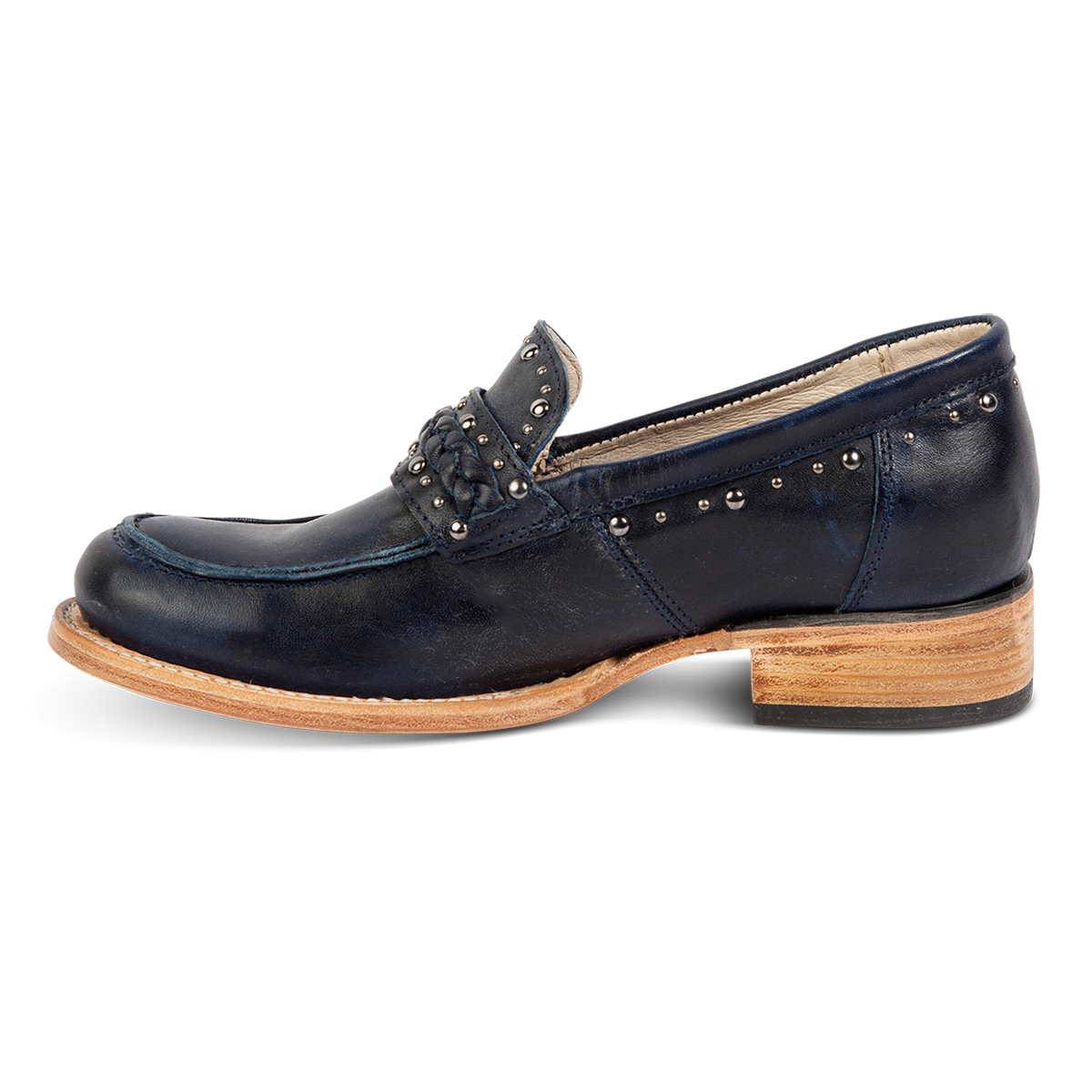 Inside view of FREEBIRD women's Myla blue leather loafer with a low wood heel, stud embellishments and Goodyear welt