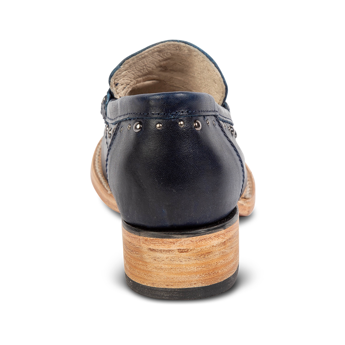 Back view showing FREEBIRD women's Myla blue leather loafer with a low wood heel, stud embellishments and 100% full grain leather