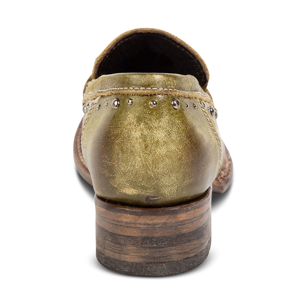 Back view showing FREEBIRD women's Myla olive leather loafer with a low wood heel, stud embellishments and 100% full grain leather