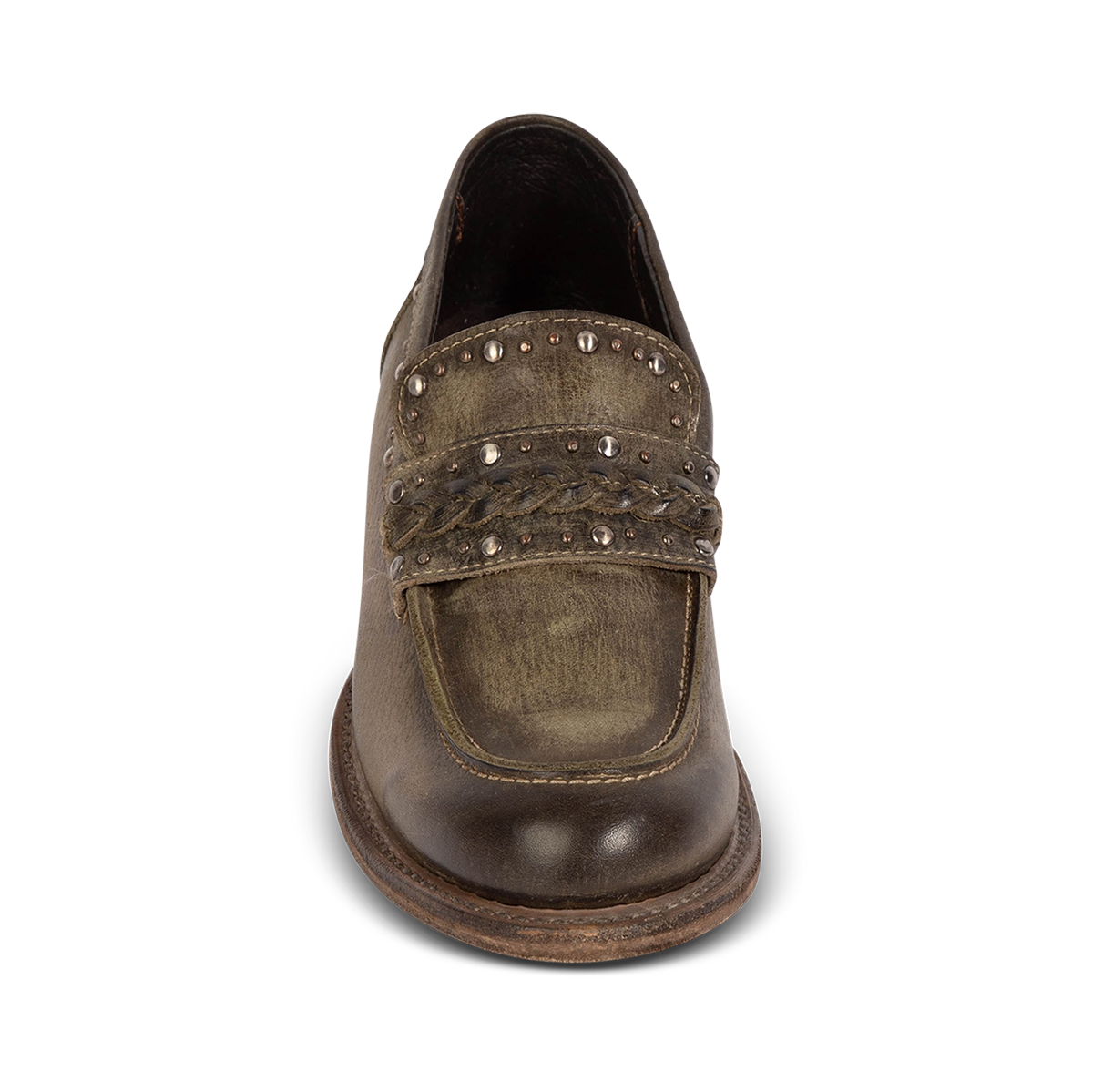 Front view showing FREEBIRD women's Myla olive leather loafer with stud embellishments, braided leather detailing and round toe construction