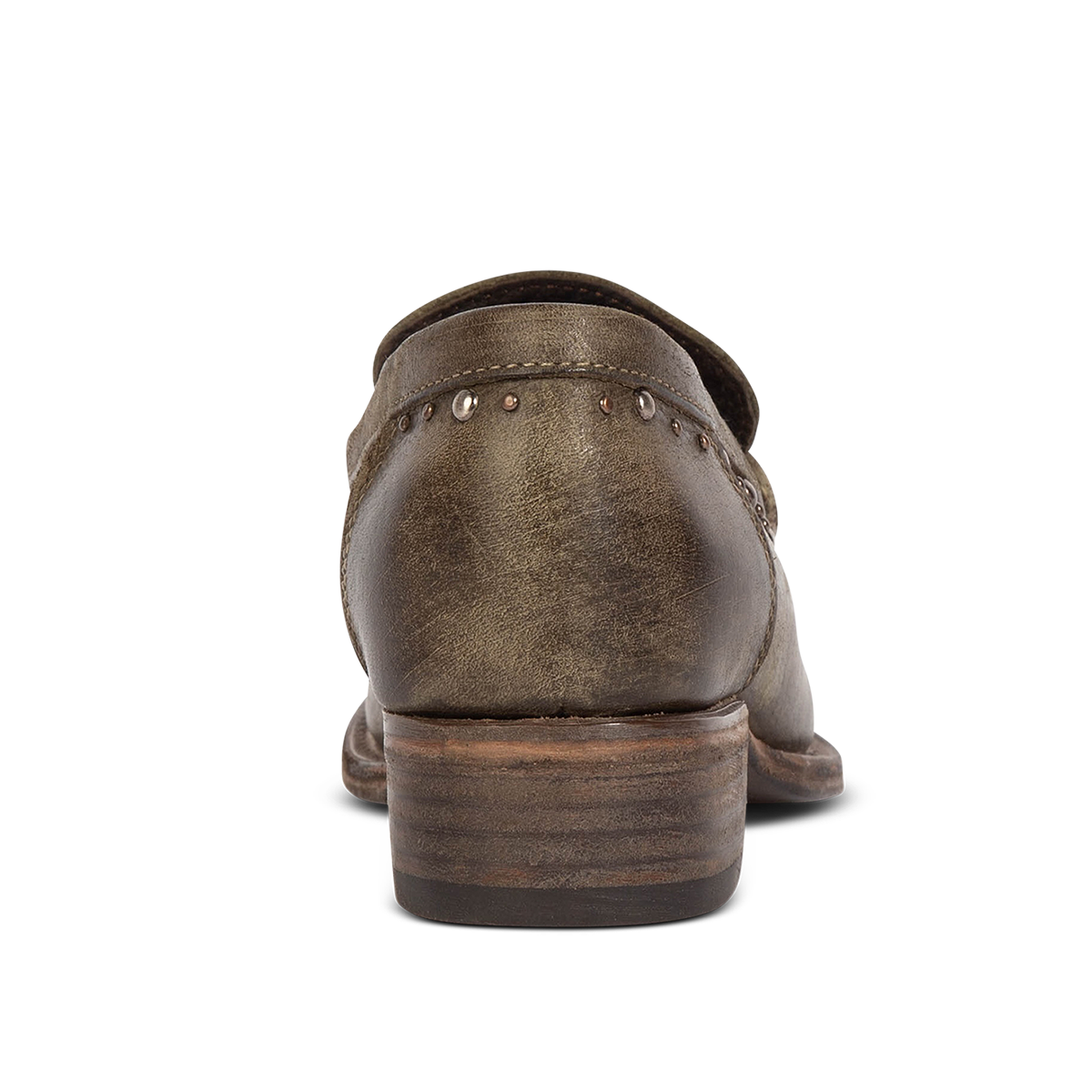 Back view showing FREEBIRD women's Myla olive leather loafer with a low wood heel, stud embellishments and 100% full grain leather