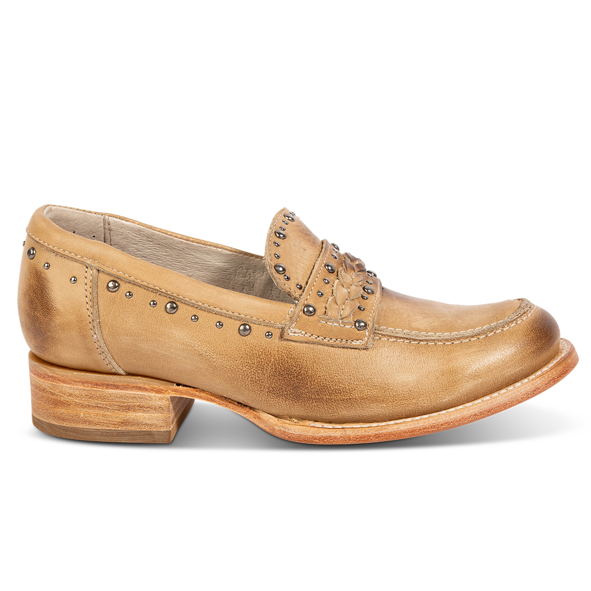 FREEBIRD women's Myla beige leather loafer with stud embellishments, flexible tongue and low block heel 